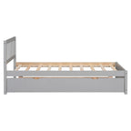 Grey Twin Platform Bed in Walnut Wood with Trundle and Fence Headboard - Modern Space-Saving Design