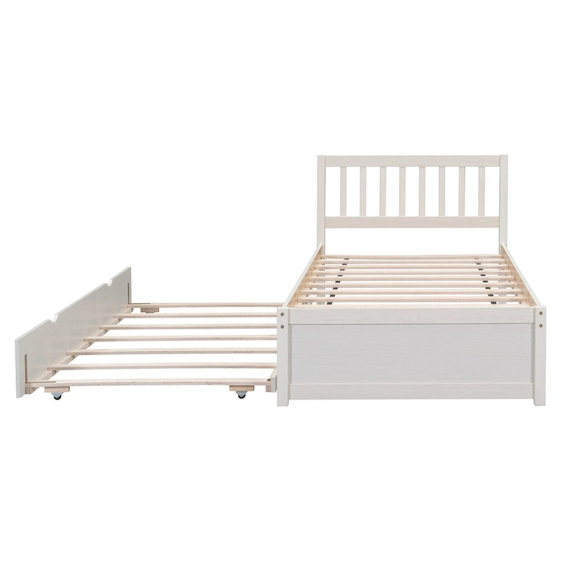 White Walnut Rubberwood Twin Size Platform Bed Frame with Trundle, Modern Design, No Box Spring Needed