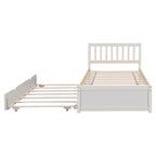 White Walnut Rubberwood Twin Size Platform Bed Frame with Trundle, Modern Design, No Box Spring Needed