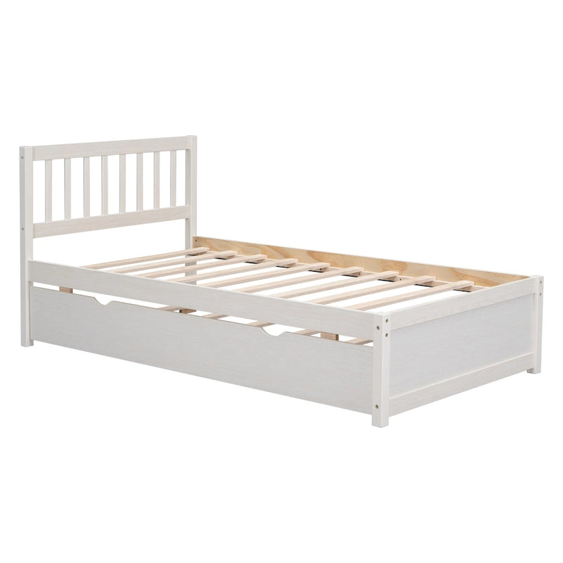 White Walnut Rubberwood Twin Size Platform Bed Frame with Trundle, Modern Design, No Box Spring Needed