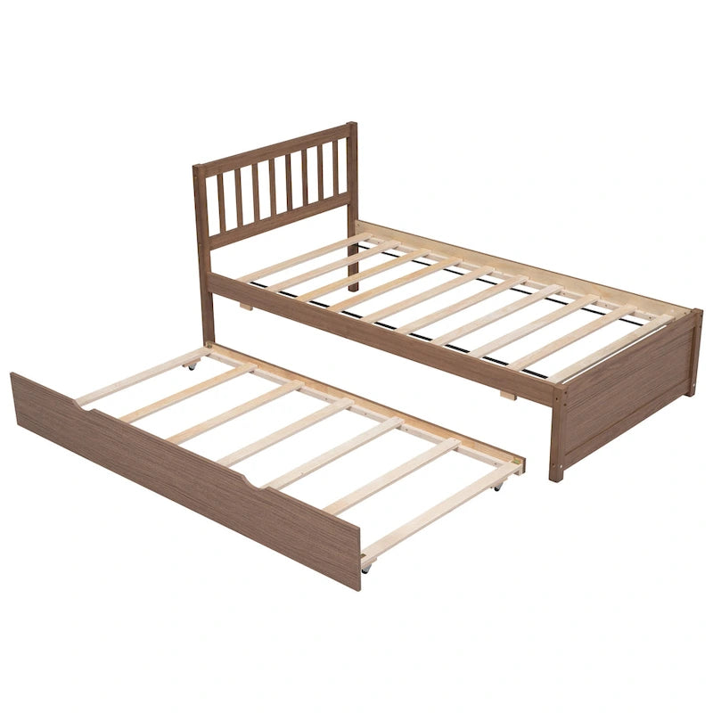 Brown Walnut Wooden Twin Platform Bed with Trundle and Fence Headboard - Modern Space-Saving Design