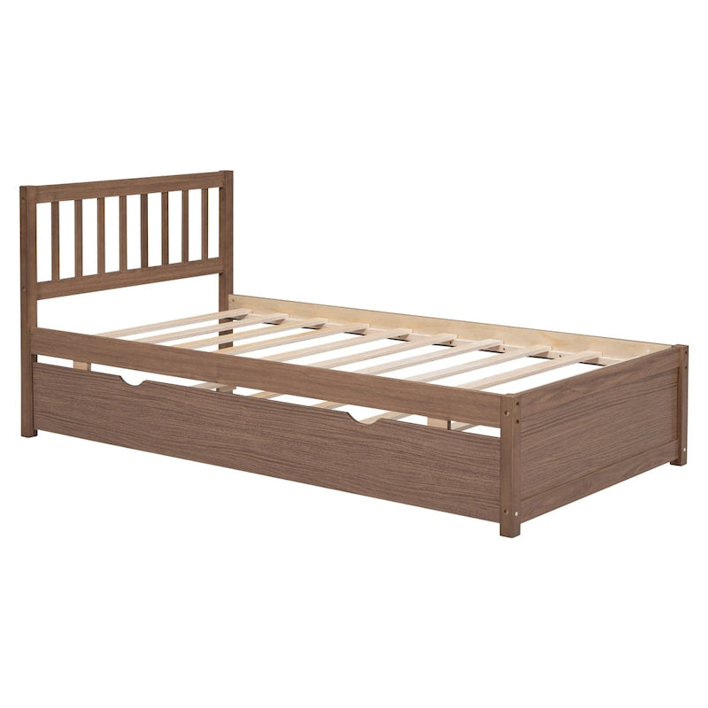 Brown Walnut Wooden Twin Platform Bed with Trundle and Fence Headboard - Modern Space-Saving Design