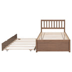 Bruin walnoot houten platformbed in twin size met uitschuifbed en hoofdbord met hekwerk - modern ruimtebesparend ontwerp