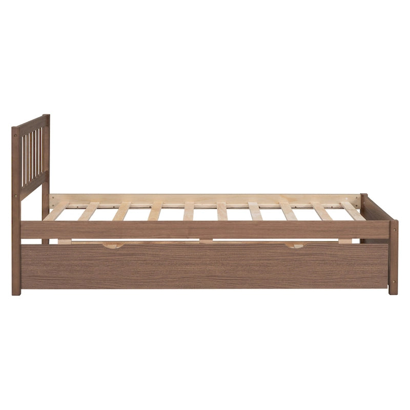 Brown Walnut Wooden Twin Platform Bed with Trundle and Fence Headboard - Modern Space-Saving Design