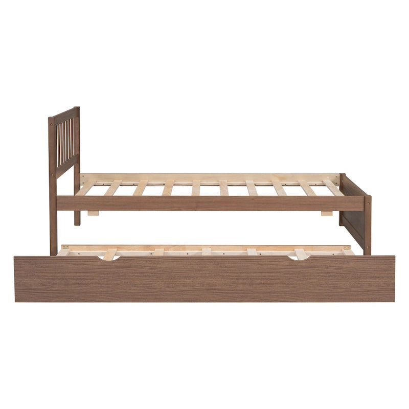 Brown Walnut Wooden Twin Platform Bed with Trundle and Fence Headboard - Modern Space-Saving Design