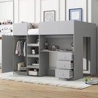 Grey Full Size Solid Wood Loft Bed with Wardrobe, Desk, and Shelves