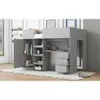 Grey Full Size Solid Wood Loft Bed with Wardrobe, Desk, and Shelves
