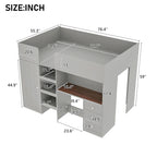 Grey Full Size Solid Wood Loft Bed with Wardrobe, Desk, and Shelves