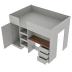 Grey Full Size Solid Wood Loft Bed with Wardrobe, Desk, and Shelves