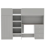 Grey Full Size Solid Wood Loft Bed with Wardrobe, Desk, and Shelves