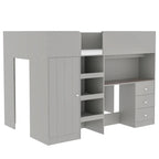 Grey Full Size Solid Wood Loft Bed with Wardrobe, Desk, and Shelves