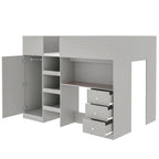 Grey Full Size Solid Wood Loft Bed with Wardrobe, Desk, and Shelves