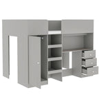 Grey Full Size Solid Wood Loft Bed with Wardrobe, Desk, and Shelves