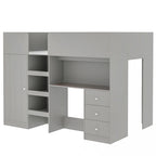 Grey Full Size Solid Wood Loft Bed with Wardrobe, Desk, and Shelves