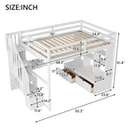 White Full Size Solid Wood Loft Bed with Desk, Shelves, and Drawers