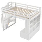 White Full Size Solid Wood Loft Bed with Desk, Shelves, and Drawers