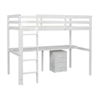 White Twin Wood Loft Bed with Desk, Storage & Guardrails