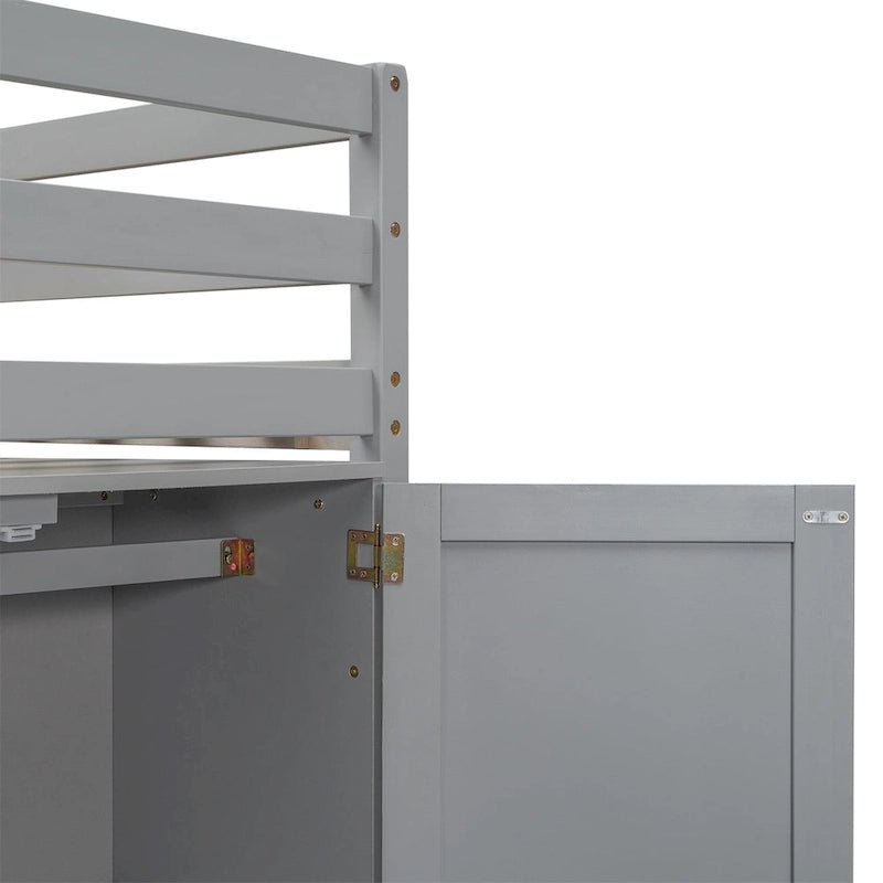 Wood Twin Size Loft Bed with Built-in Storage Wardrobe and 2 Windows