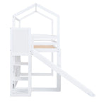Wood House Loft Bed with Slide,Storage Shelves,Climbing Ramp and Light