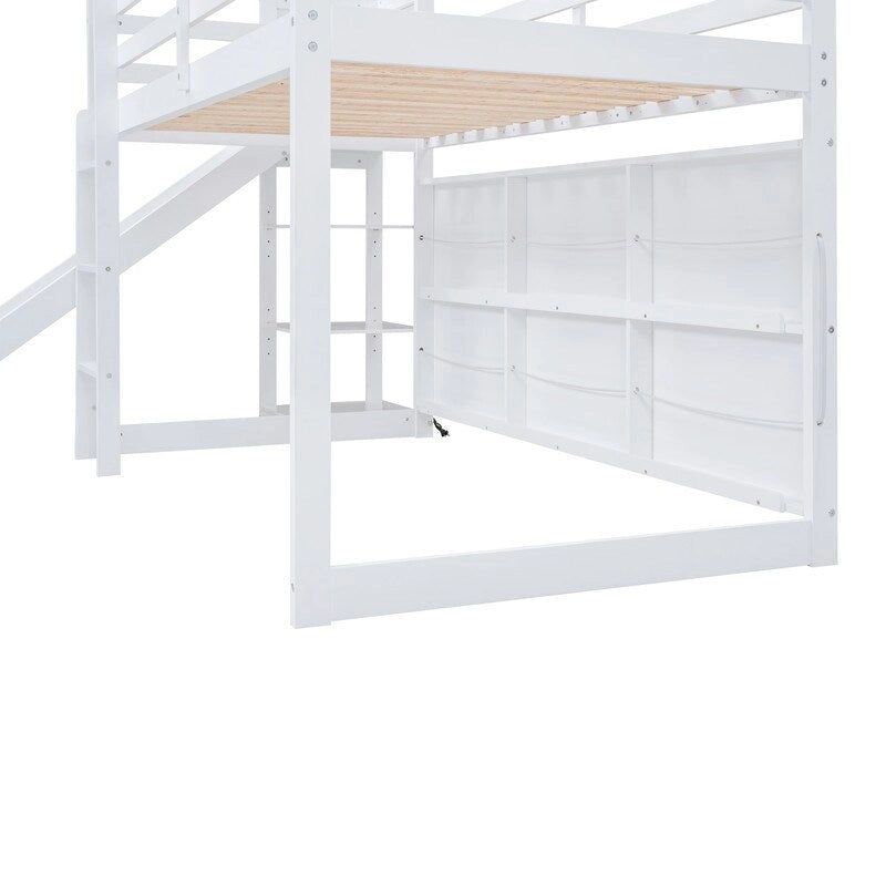 Wood House Loft Bed with Slide,Storage Shelves,Climbing Ramp and Light