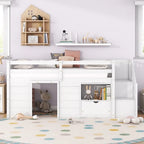 Twin Size Low Loft Bed with Bookshelf, Drawer and Staircase