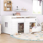 Twin Size Low Loft Bed with Bookshelf, Drawer and Staircase