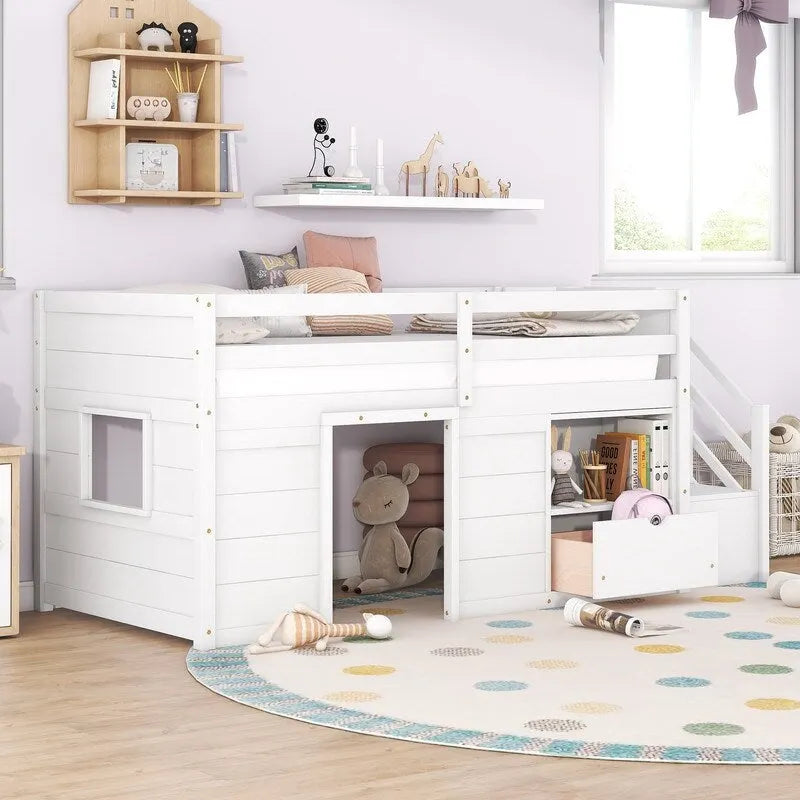Twin Size Low Loft Bed with Bookshelf, Drawer and Staircase
