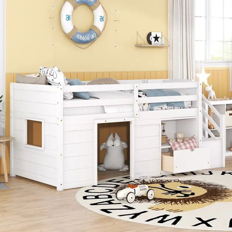 Twin Size Low Loft Bed with Bookshelf, Drawer and Staircase