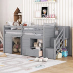 Twin Size Low Loft Bed with Bookshelf, Drawer and Staircase