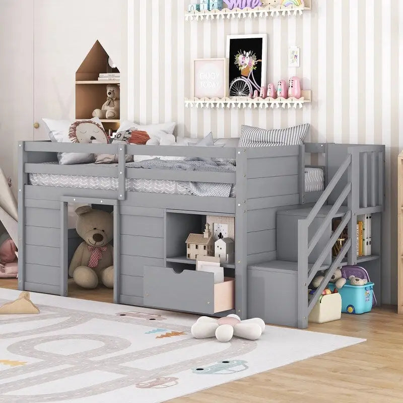 Twin Size Low Loft Bed with Bookshelf, Drawer and Staircase