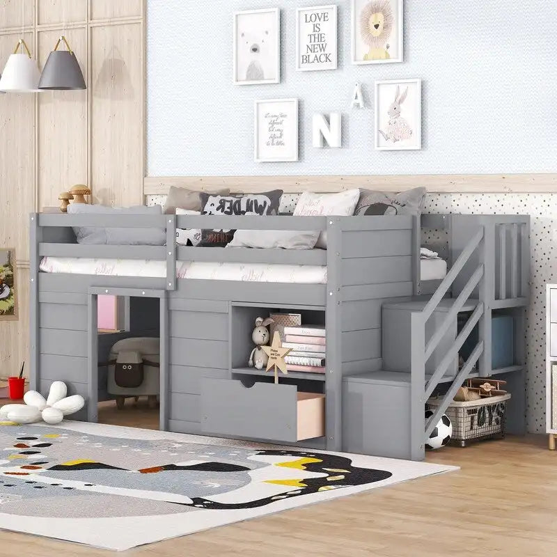 Twin Size Low Loft Bed with Bookshelf, Drawer and Staircase