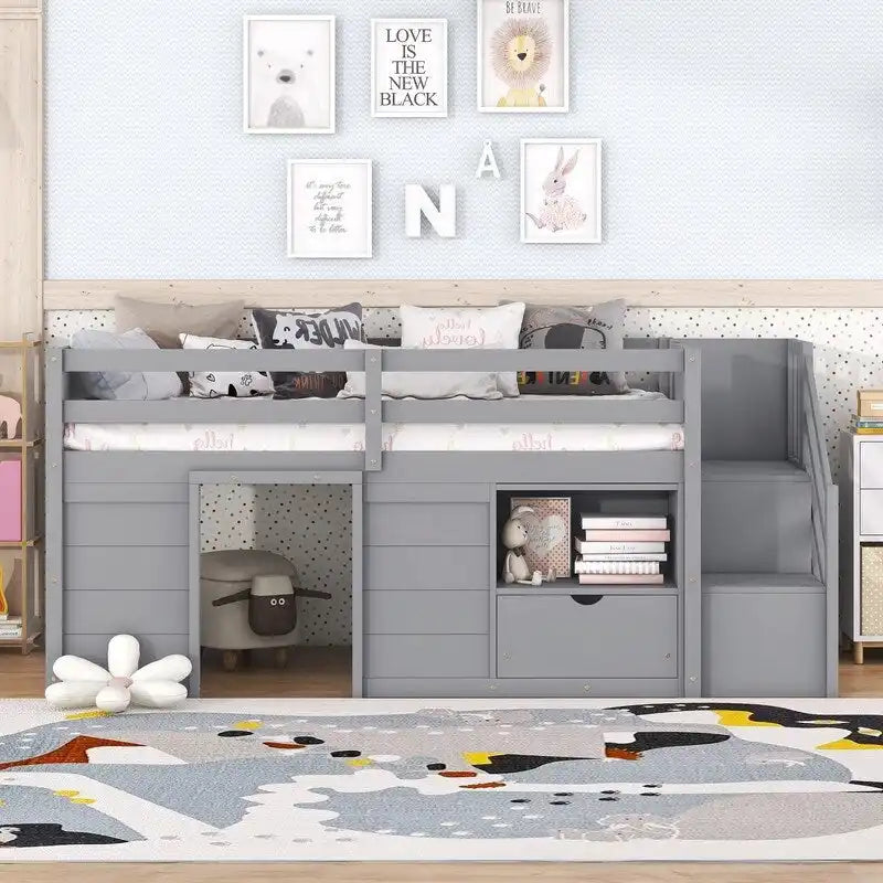 Twin Size Low Loft Bed with Bookshelf, Drawer and Staircase