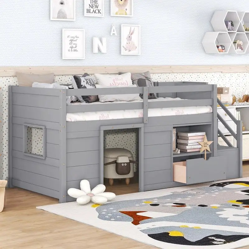 Twin Size Low Loft Bed with Bookshelf, Drawer and Staircase