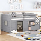 Twin Size Low Loft Bed with Bookshelf, Drawer and Staircase