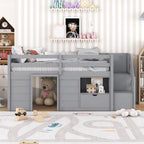Twin Size Low Loft Bed with Bookshelf, Drawer and Staircase