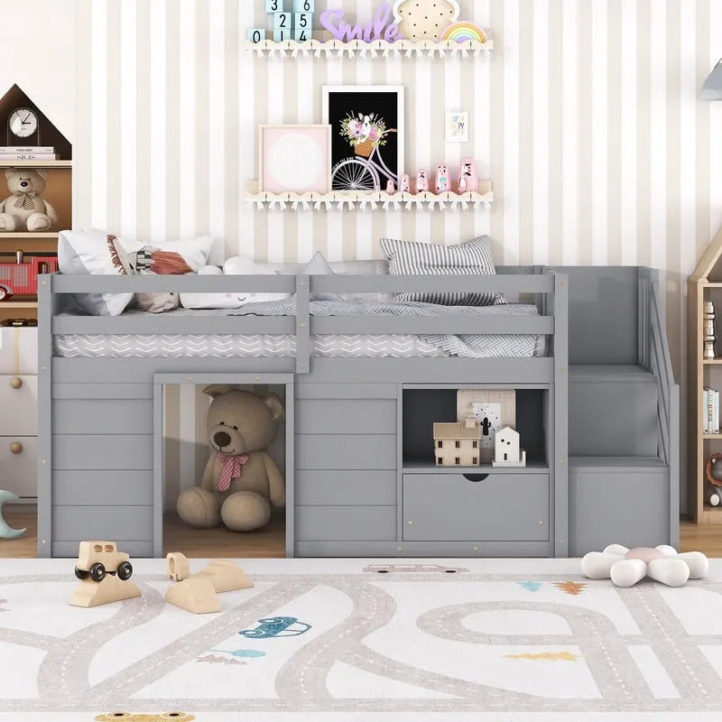 Twin Size Low Loft Bed with Bookshelf, Drawer and Staircase
