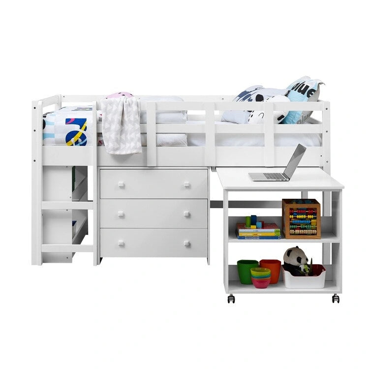 Twin Size Loft Bed with Desk Low Study Kids Twin Loft Bed with Storage Pine Wood Loft Bed for Kids Twin Loft Bed with Cabinet