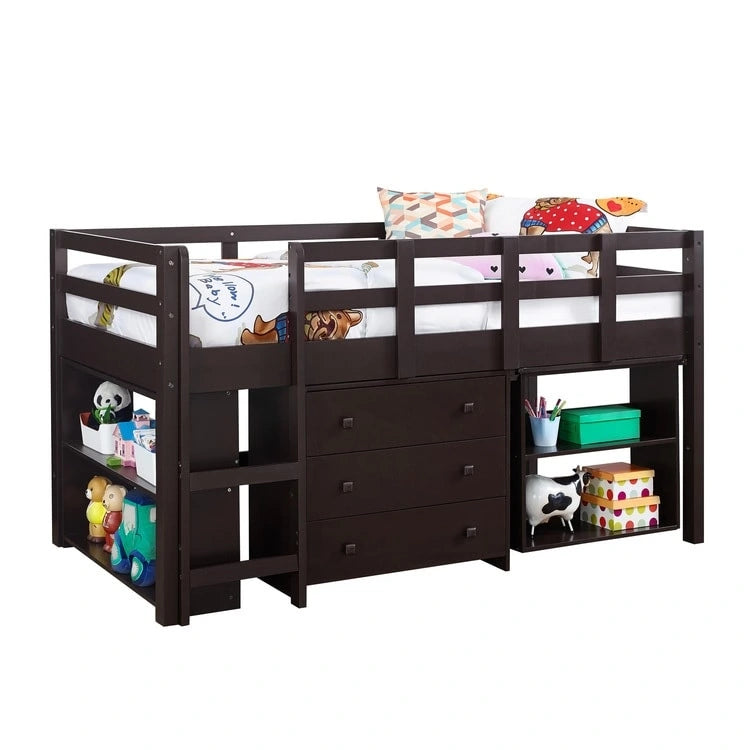 Twin Size Loft Bed with Desk Low Study Kids Twin Loft Bed with Storage Pine Wood Loft Bed for Kids Twin Loft Bed with Cabinet