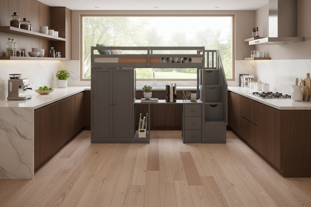 Twin Size Wooden Loft Bed with Wardrobe and Staircase, Desk and Storage Drawers and Cabinet in 1