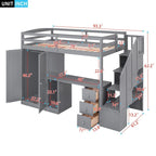 Twin Size Wooden Loft Bed with Wardrobe and Staircase, Desk and Storage Drawers and Cabinet in 1