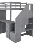 Twin Size Wooden Loft Bed with Wardrobe and Staircase, Desk and Storage Drawers and Cabinet in 1