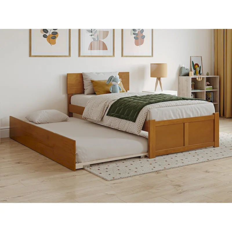 Platform Bed with Footboard and Twin Trundle Bed