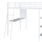 Full Size Loft Metal Bed with 3 Layers of Shelves and Desk, Stylish Metal Frame Bed with Whiteboard, Black