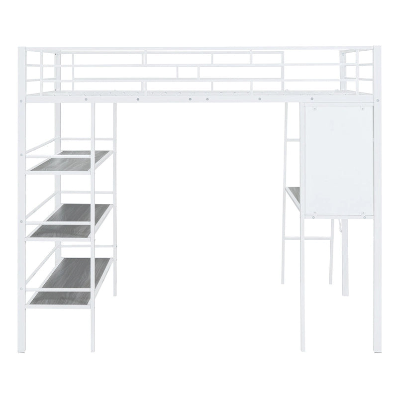 Full Size Loft Metal Bed with 3 Layers of Shelves and Desk, Stylish Metal Frame Bed with Whiteboard, Black