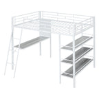 Full Size Loft Metal Bed with 3 Layers of Shelves and Desk, Stylish Metal Frame Bed with Whiteboard, Black