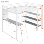 Full Size Loft Metal Bed with 3 Layers of Shelves and Desk, Stylish Metal Frame Bed with Whiteboard, Black
