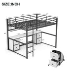 Full Size Metal Loft Bed with Desk, Drawers and Bedside Tray, Charging Station, USB and socket black