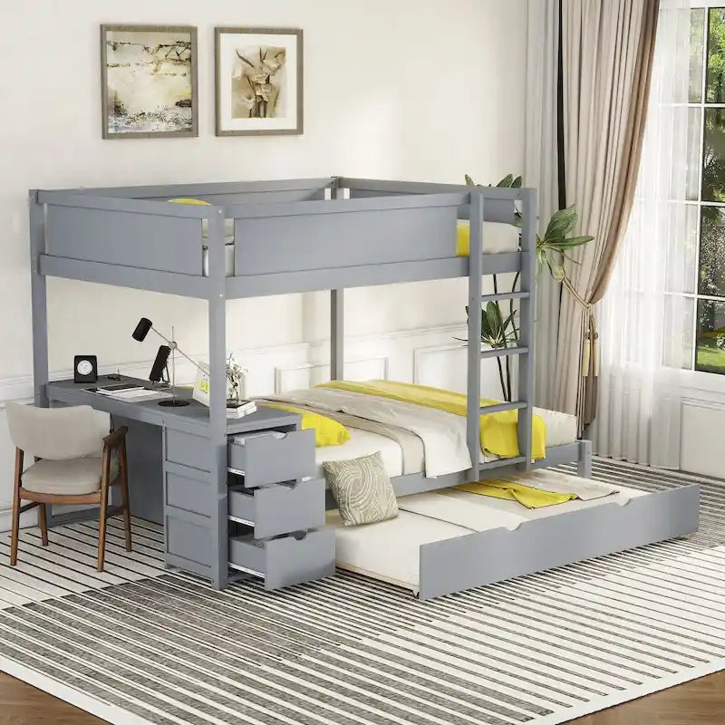 Full-Over-Full Bunk Bed with Twin size Trundle, Storage and Desk, Full Size Bunk Bed