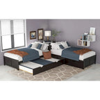 L-shaped Platform Bed with Trundle and Drawers Linked with built-in Desk