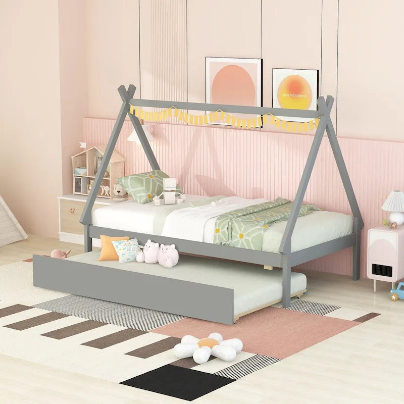 Twin size Tent Floor Bed with Trundle